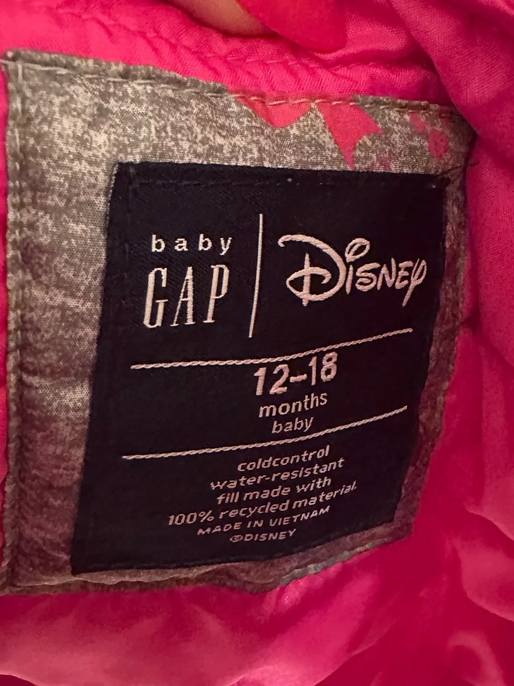Disney Baby GAP Grey Puffer Jacket with Pink Accents and Hood